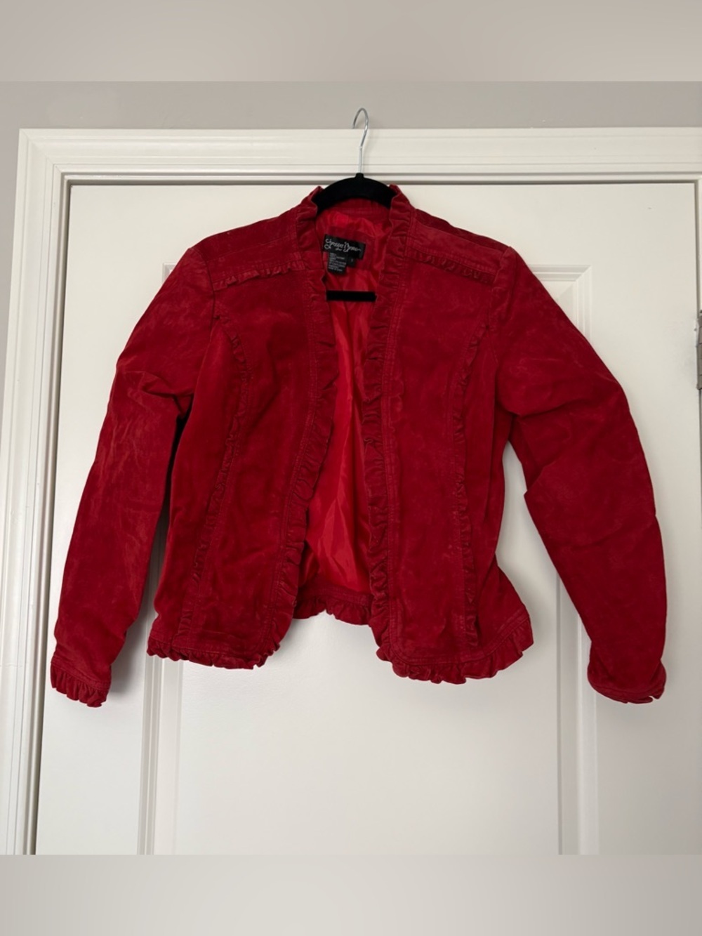 Vintage Prosper & Devine Women’s Brught Red Ruffle-Trim Suede Leather Jacket